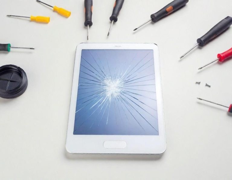 iPad mit Displayschaden umgeben von Präzisions-Reparaturwerkzeugen